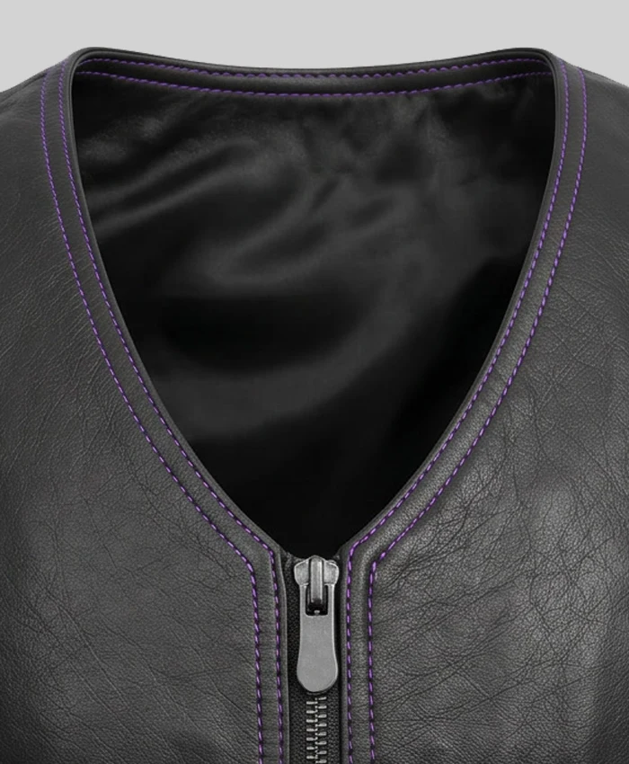 Motorcycle Fring Black Leather Vest Women