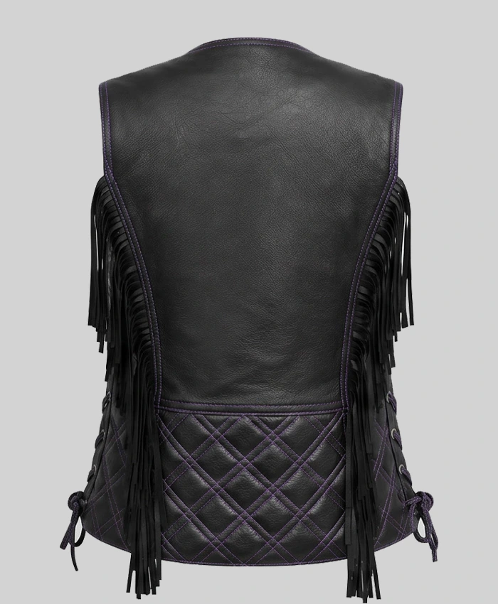 Motorcycle Fring Black Leather Vest Womens