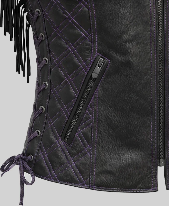 Motorcycle Fring Leather Black Vest For Womens
