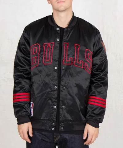 NBA Chicago Bulls Striped Bomber Full-Snap Black Satin Jacket