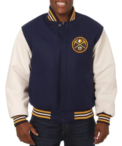 Denver Nuggets Navy and White Varsity Full-Snap Wool & Leather Jacket
