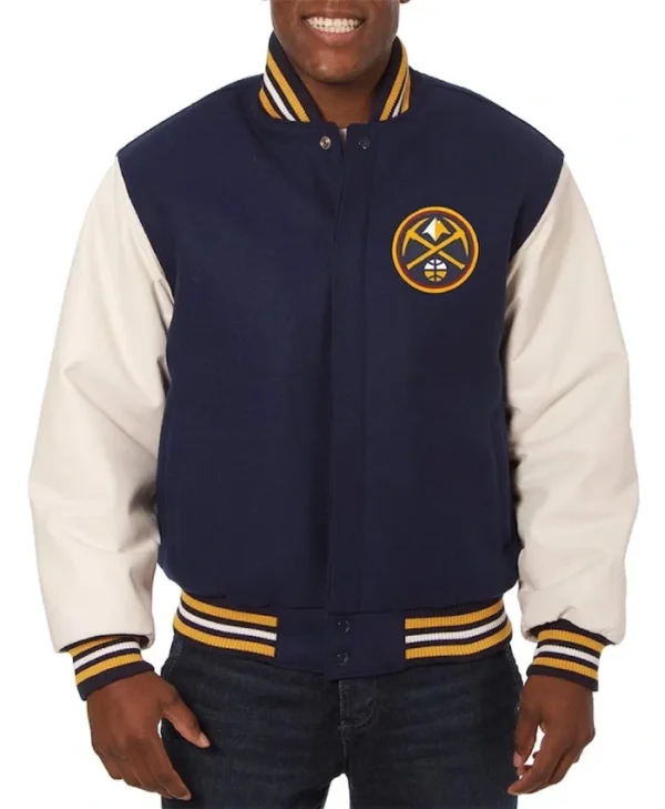 Denver Nuggets Navy and White Varsity Full-Snap Wool & Leather Jacket