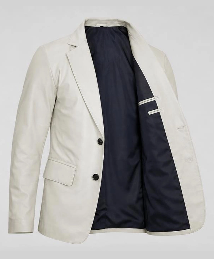 Off White Button-Up Leather Blazer For Men