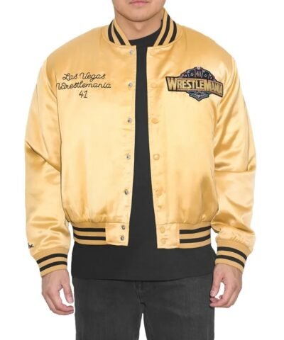 WWE WrestleMania 41 Gold Satin Varsity Bomber Jacket