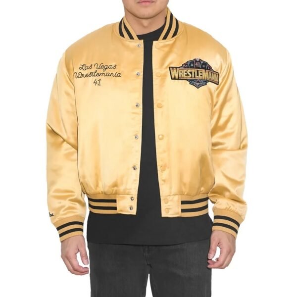 WWE WrestleMania 41 Gold Satin Varsity Bomber Jacket