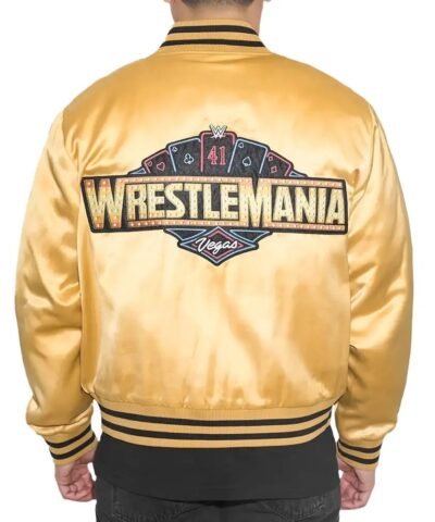 WWE WrestleMania 41 Gold Satin Varsity Bomber Jacket