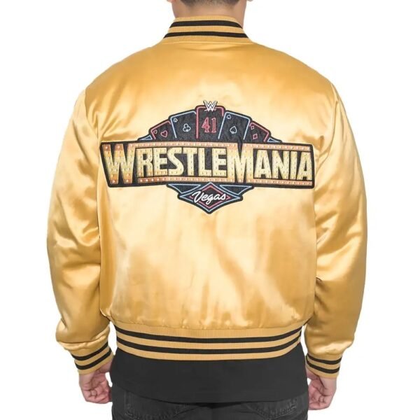 WWE WrestleMania 41 Gold Satin Varsity Bomber Jacket