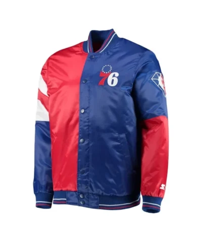 Philadelphia 76ers 75th Anniversary Leader Color Block Full-Snap Satin RedRoyal Jacket