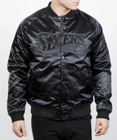 Philadelphia 76ers Black Tonal Satin Full-Snap Jacket