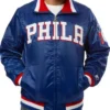 Buy Philadelphia 76ers Zip-Up Bomber Blue Satin Jacket