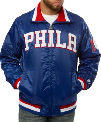 Buy Philadelphia 76ers Zip-Up Bomber Blue Satin Jacket