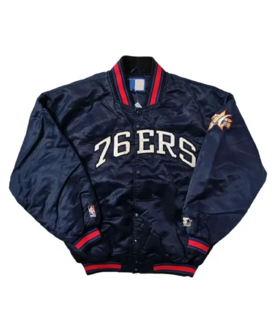 Vintage Philadelphia 76ers Bomber Full-Snap Satin Navy Jacket