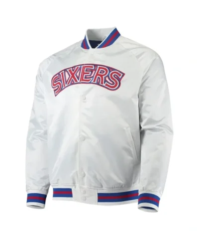 Philadelphia 76ers Full-Snap Raglan White Satin Jacket