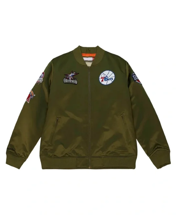Philadelphia 76ers Flight Bomber Green Full-Zip Satin Jacket