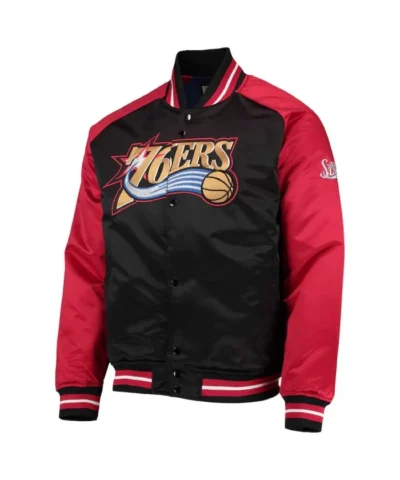 Hardwood Classics 76ers Black and Red Varsity Satin Jacket