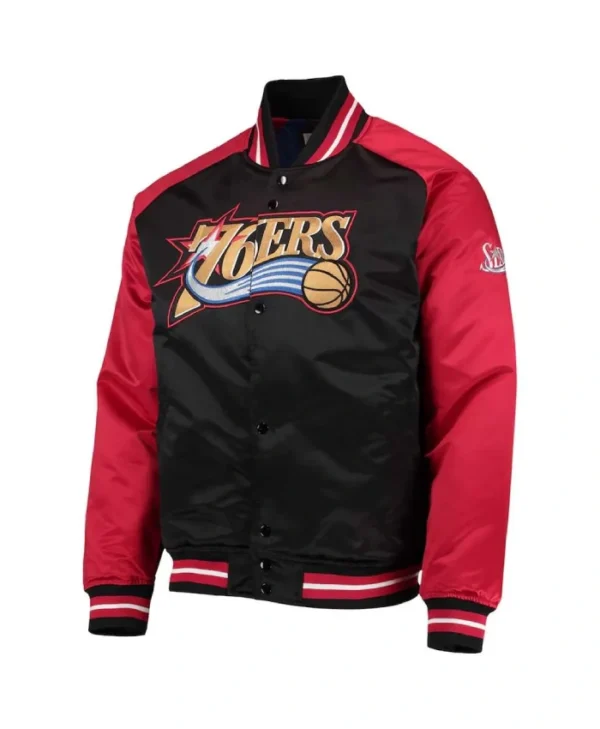 Hardwood Classics 76ers Black and Red Varsity Satin Jacket