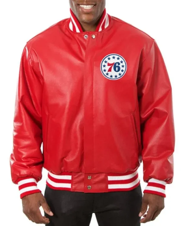 Philadelphia 76ers Full-Snap Leather Varsity Red Jacket