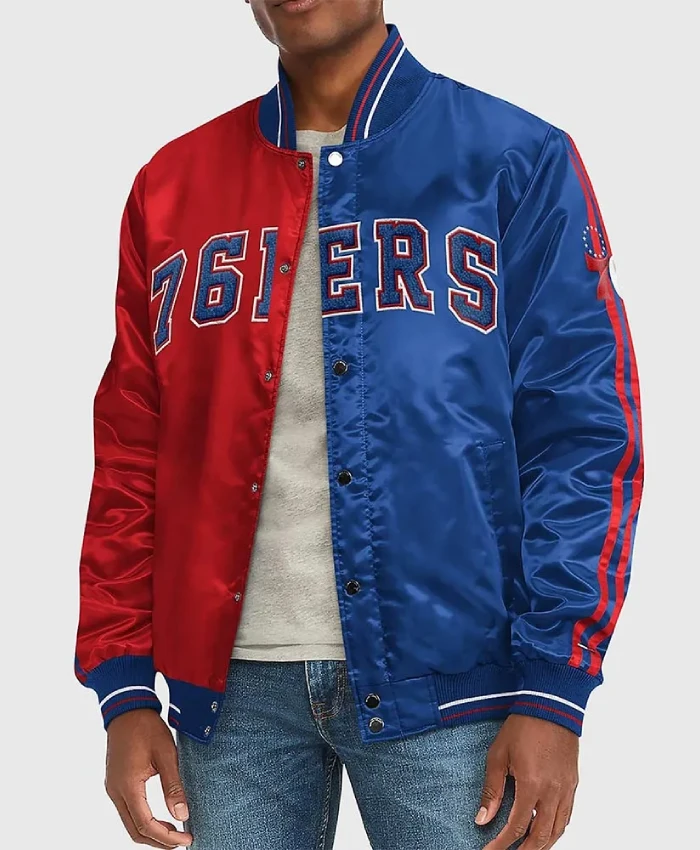 Philadelphia 76ers Varsity Full-Snap Satin Red and Blue Jacket