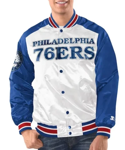 Renegade Philadelphia 76ers Full-Snap Varsity Satin White and Royal Jacket