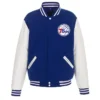 Philadelphia 76ers Varsity Royal and White Full-Snap WoolLeather Jacket