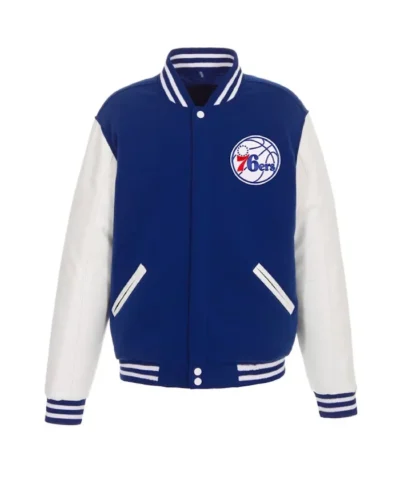 Philadelphia 76ers Varsity Royal and White Full-Snap WoolLeather Jacket