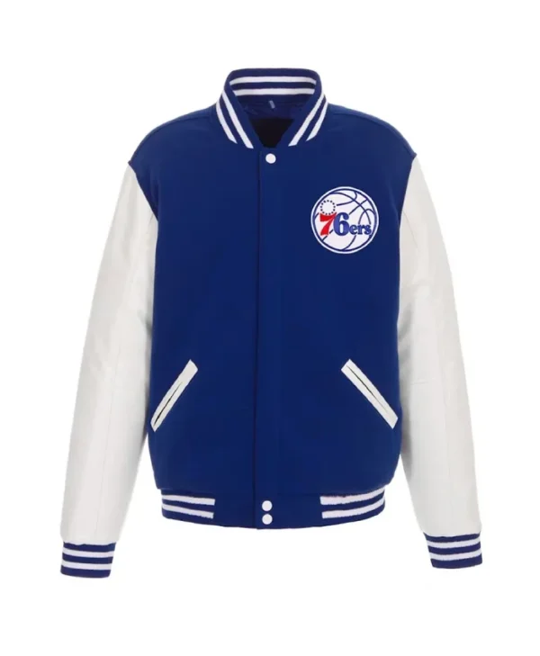 Philadelphia 76ers Varsity Royal and White Full-Snap WoolLeather Jacket
