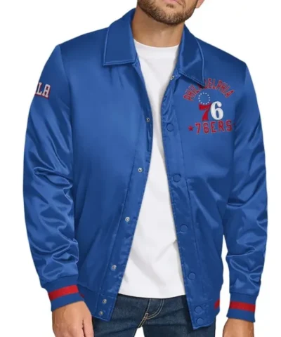 Philadelphia 76ers Stitch Applique Full-Snap Royal Varsity Satin Jacket