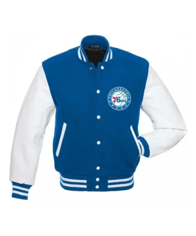Philadelphia 76ers Blue and White Full-Snap Varsity WoolLeather Jacket