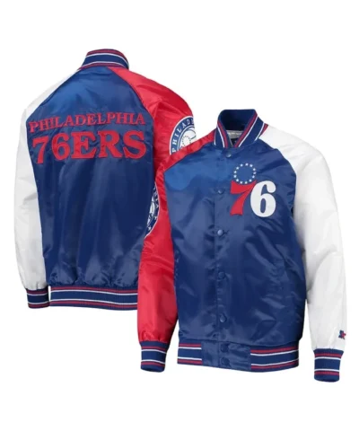 Philadelphia 76ers Reliever Varsity Full-Snap Satin Royal and Red Jacket