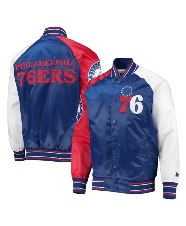 Philadelphia 76ers Reliever Varsity Full-Snap Satin Royal and Red Jacket