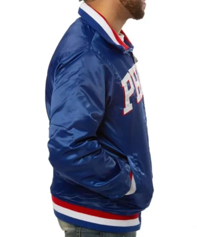 Philadelphia 76ers Zip-Up Bomber Blue Satin Jacket