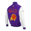 Phoenix Suns 202425 City Edition Chenille PurpleWhite WoolLeather Varsity Jacket