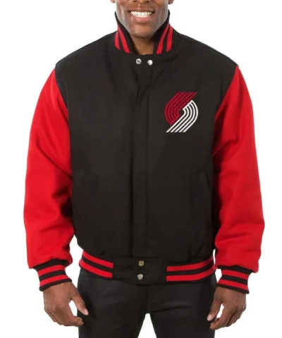Portland Trail Blazers Black and Red Varsity All Wool Full-Snap Jacket