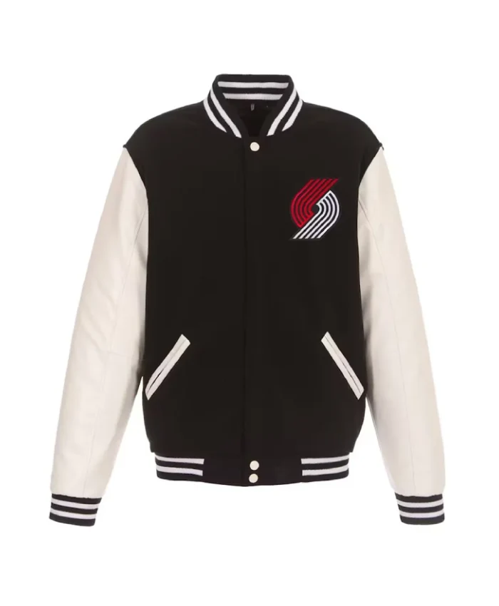 Portland Trail Blazers Varsity WoolLeather Full-Snap Black and White Jacket