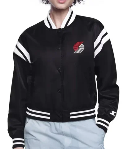 Printed Logo Portland Trail Varsity Full-Snap Satin Jacket