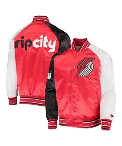 Portland Trail Blazers Reliever Satin Full-Snap White and Black Jacket
