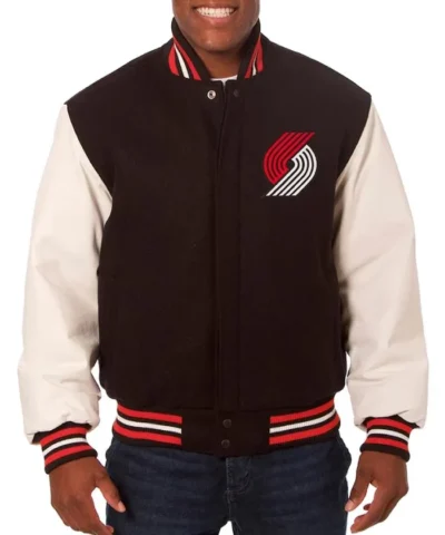 Two-Hit Portland Trail Blazers BlackWhite Varsity Full-Snap WoolLeather Jacket