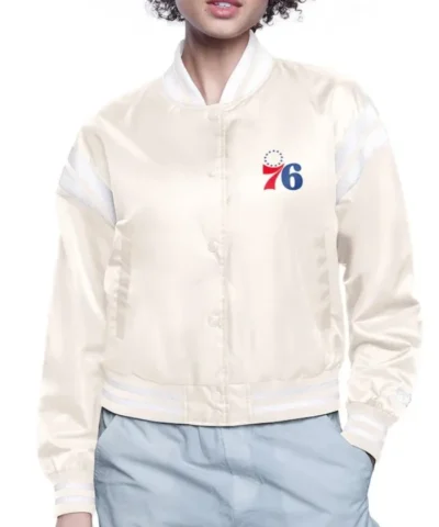 Philadelphia 76ers Printed Logo Varsity Black Satin Jacket