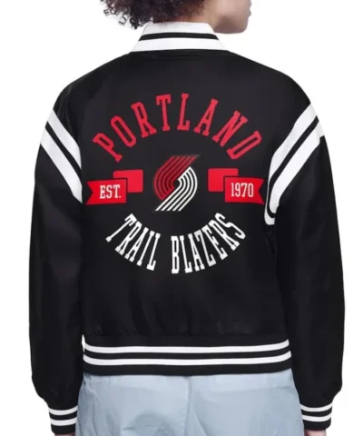 Portland Trail Blazers Printed Logo Varsity Satin Cream Jacket