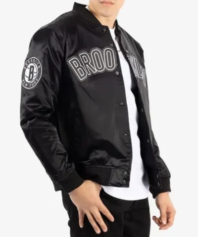 Buy Pro Brooklyn Nets Full-Snap Bomber Satin Black Jacket