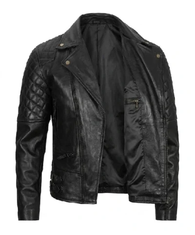 Quilted Asymmetrical Black Biker Leather Jacket For Men