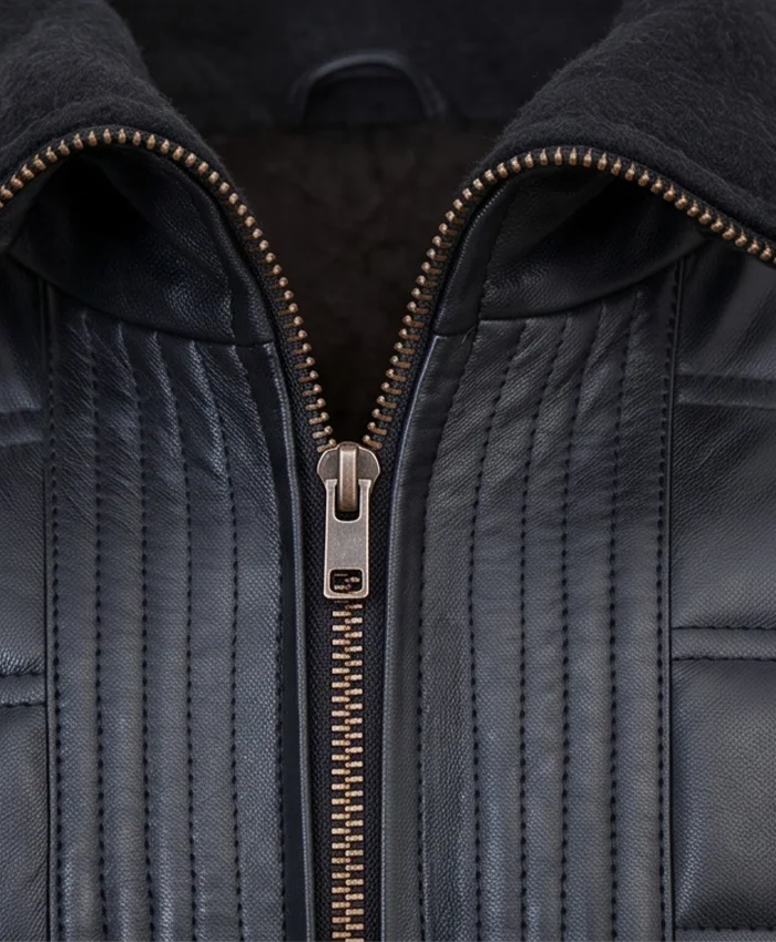 Quilted Black Leather Jacket For Mens Close Up Collar and Zip