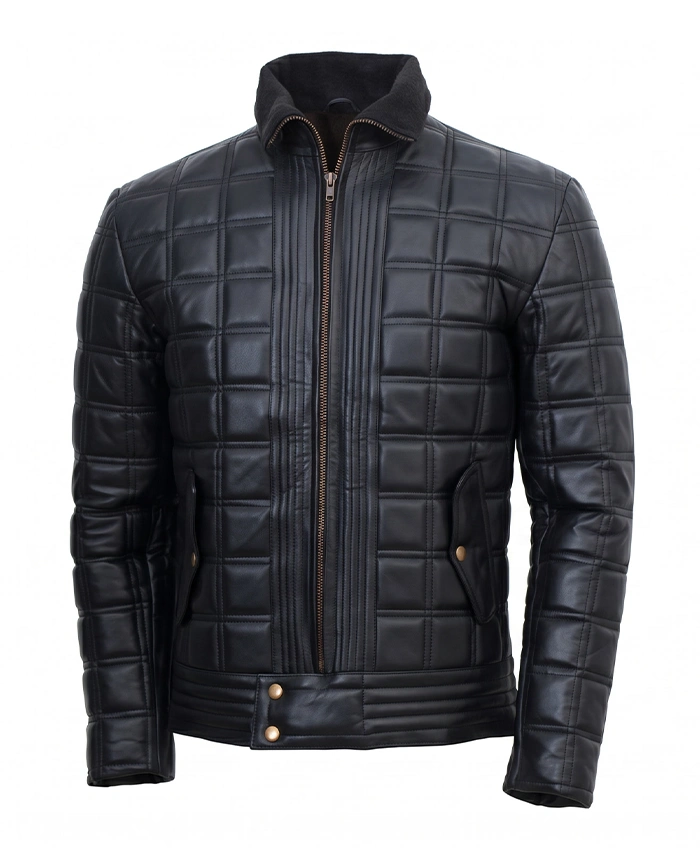 Quilted Black Leather Jacket For Mens Front View