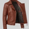 Quilted Sleeves and Zip-Up Brown Leather Jacket For Women