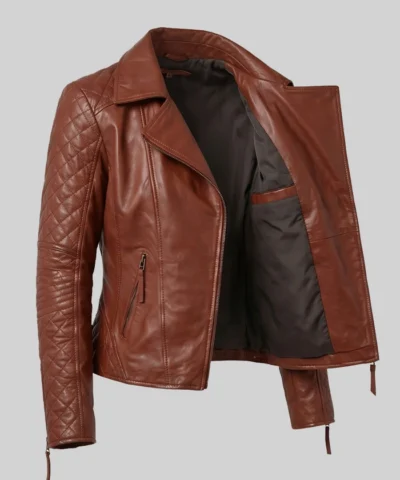 Quilted Sleeves and Zip-Up Brown Leather Jacket For Women