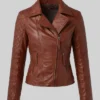 Quilted Sleeves and Zip-Up Brown Leather Jacket For Womens