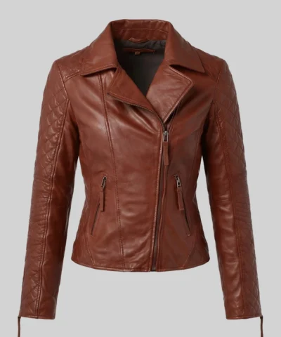 Quilted Sleeves and Zip-Up Brown Leather Jacket For Womens
