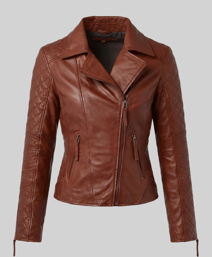 Quilted Sleeves and Zip-Up Brown Leather Jacket For Womens