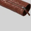 Quilted Sleeves and Zip-Up Brown Leather Jacket Women