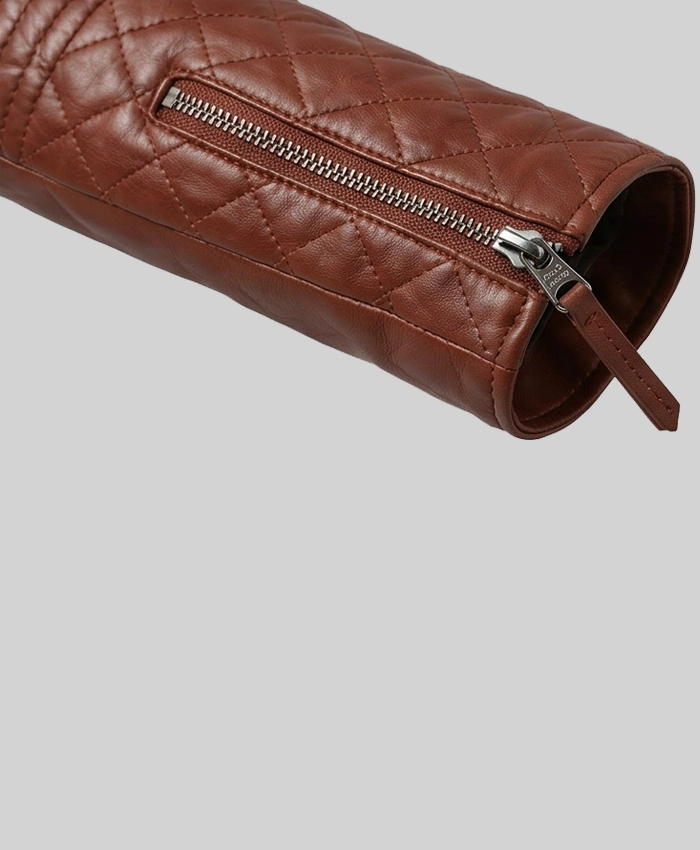 Quilted Sleeves and Zip-Up Brown Leather Jacket Women
